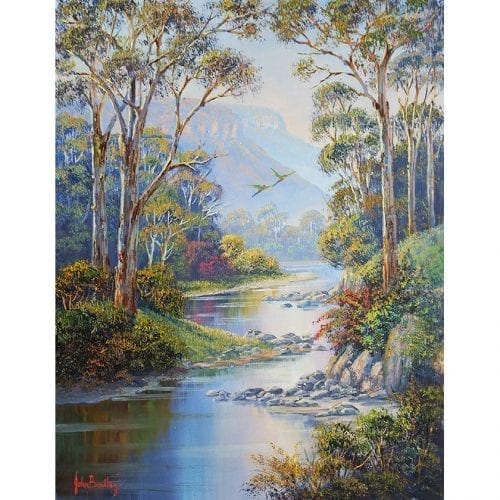 River Scene and Mountains Art John Bradley