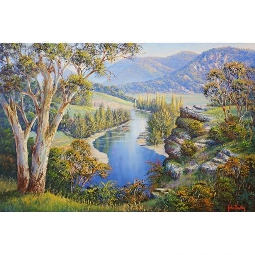 River and mountains painting John Bradley