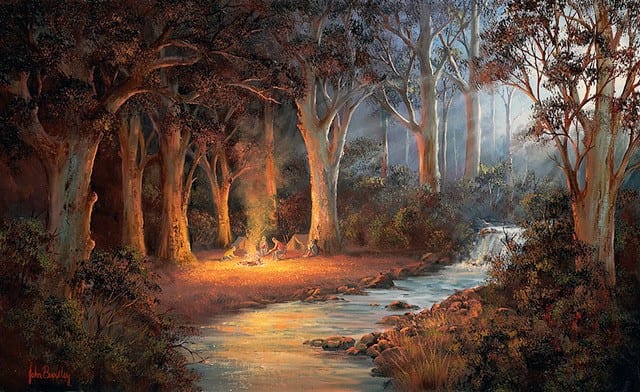 Firelight and Moonrise camping painting John Bradley